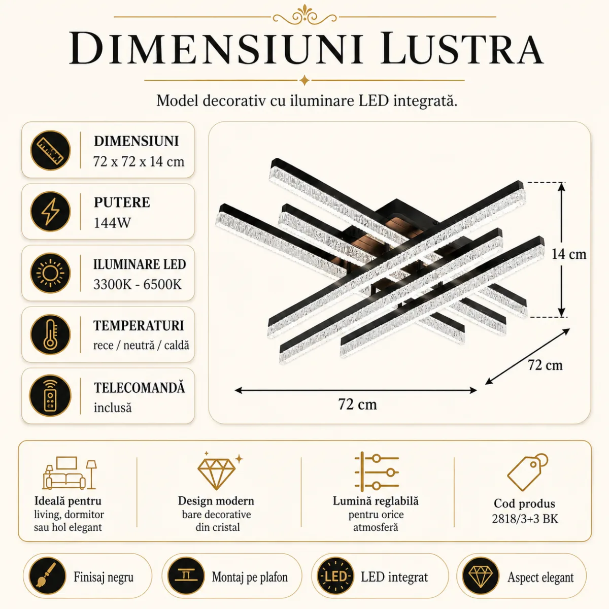 Lustră LED Modernă Cristal Line 72 cm – Metal Negru și Cristal Acrilic, 6 Surse LED Integrate, Design Premium pentru Living, Dining și Dormitor - imagine 5