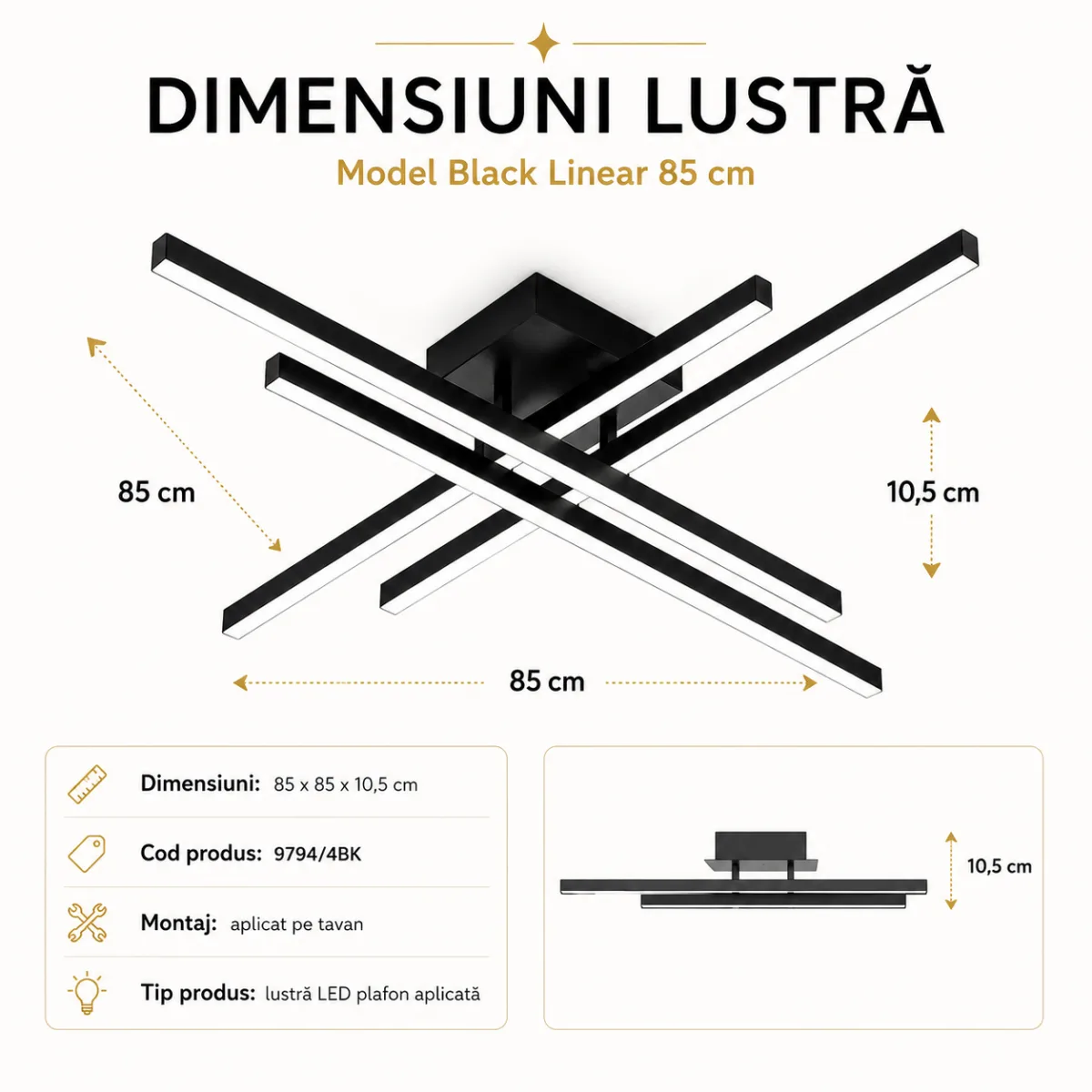 Lustră LED Modernă Black Linear 85 cm – Metal Negru și Acril Alb, 4 Surse LED Integrate, Design Minimalist pentru Living, Dining și Dormitor - imagine 3