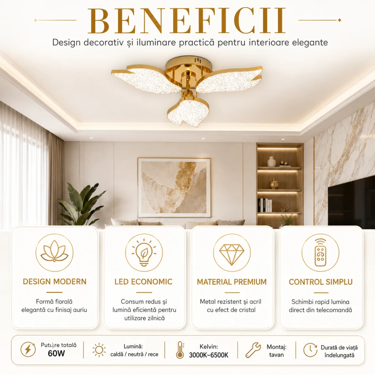 Lustră LED Modernă Petale Gold 54 cm – Metal Auriu și Acril Cristal, 3 Surse LED Integrate, Design Elegant pentru Living și Dormitor - imagine 5