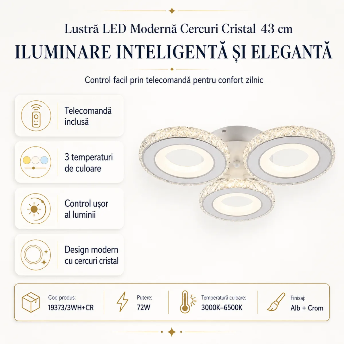 Lustră LED Modernă Cercuri Cristal 43 cm – Metal Cromat și Cristal Acrilic, 3 Surse LED Integrate, Design Elegant pentru Dormitor, Hol și Living - imagine 7