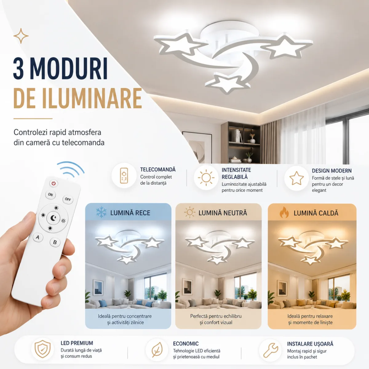 Lustră LED Modernă Cu Steluțe 55 cm – Metal și Acril Alb, 3 Surse LED Integrate, Design Decorativ pentru Camera Copiilor și Dormitor - imagine 6