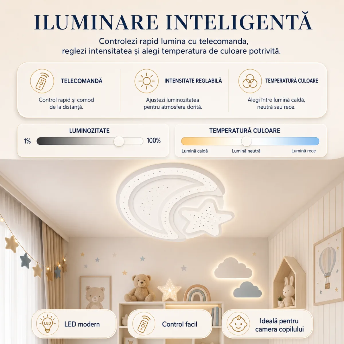 Lustră LED Modernă Lună și Stea 52 cm – Metal și Acril Alb, 2 Surse LED Integrate, Design Decorativ pentru Camera Copiilor și Dormitor - imagine 3