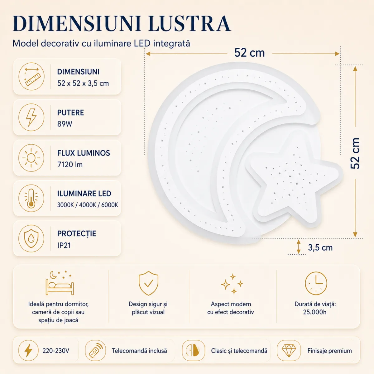 Lustră LED Modernă Lună și Stea 52 cm – Metal și Acril Alb, 2 Surse LED Integrate, Design Decorativ pentru Camera Copiilor și Dormitor - imagine 6