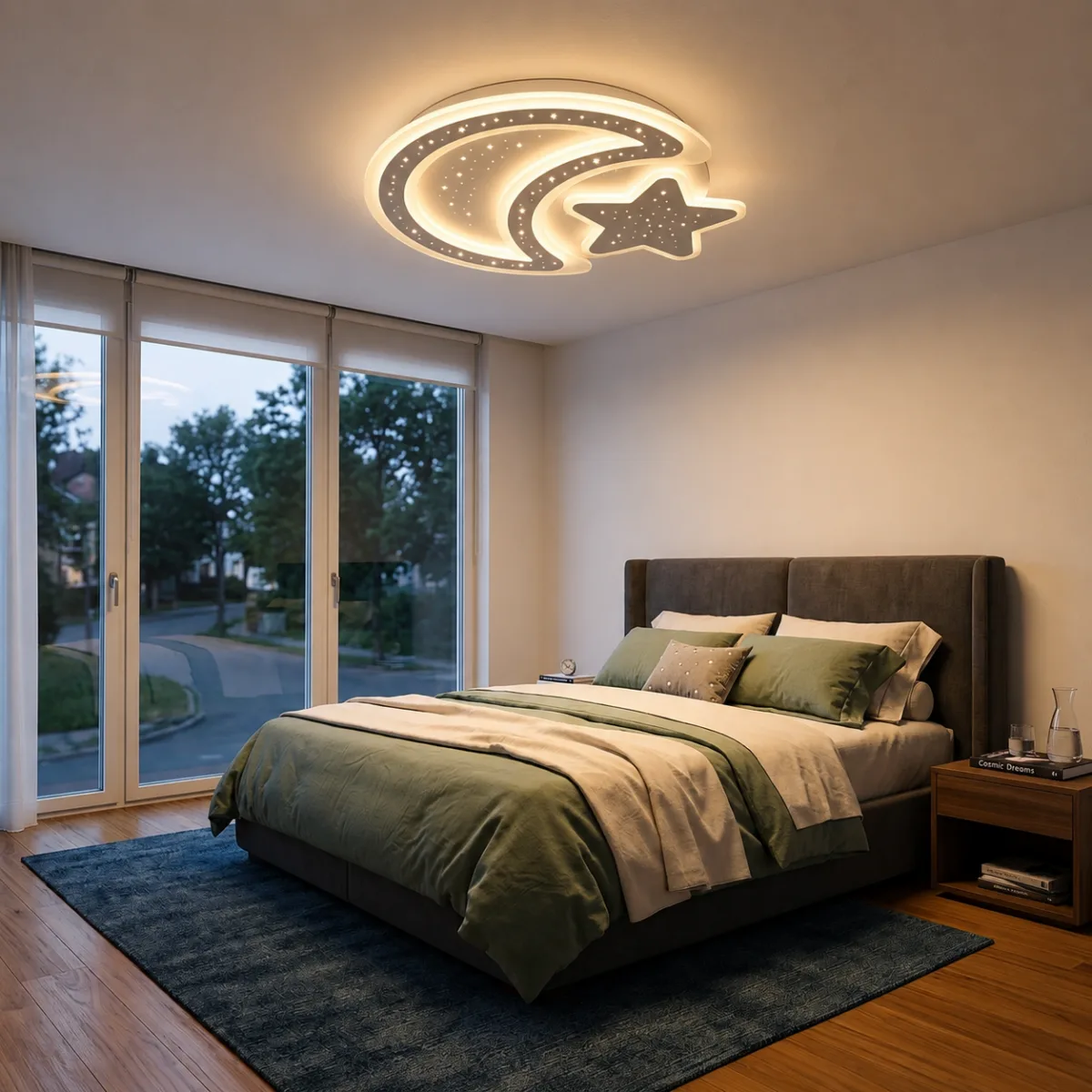 Lustră LED Modernă Lună și Stea 52 cm – Metal și Acril Alb, 2 Surse LED Integrate, Design Decorativ pentru Camera Copiilor și Dormitor - imagine 2