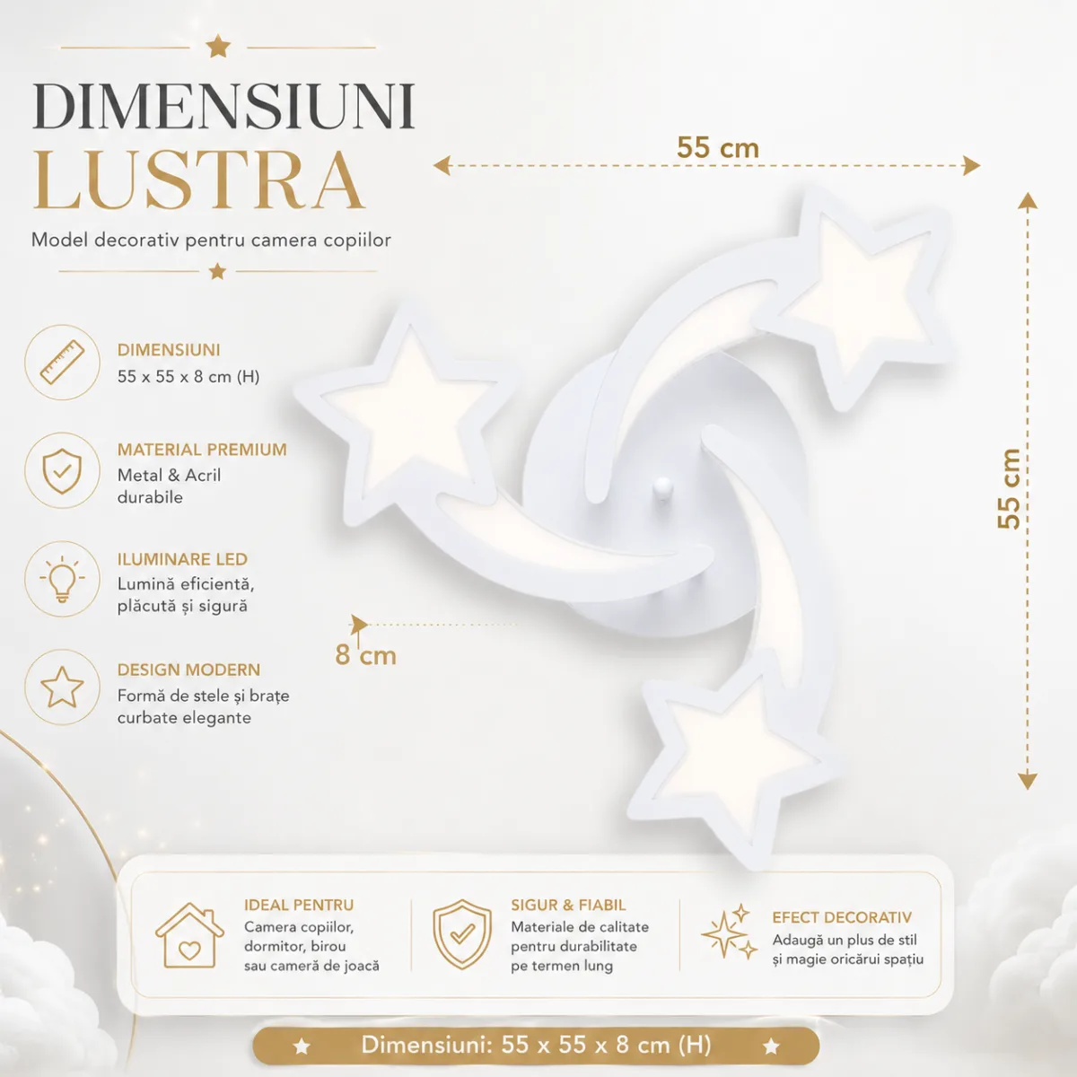 Lustră LED Modernă Cu Steluțe 55 cm – Metal și Acril Alb, 3 Surse LED Integrate, Design Decorativ pentru Camera Copiilor și Dormitor - imagine 7
