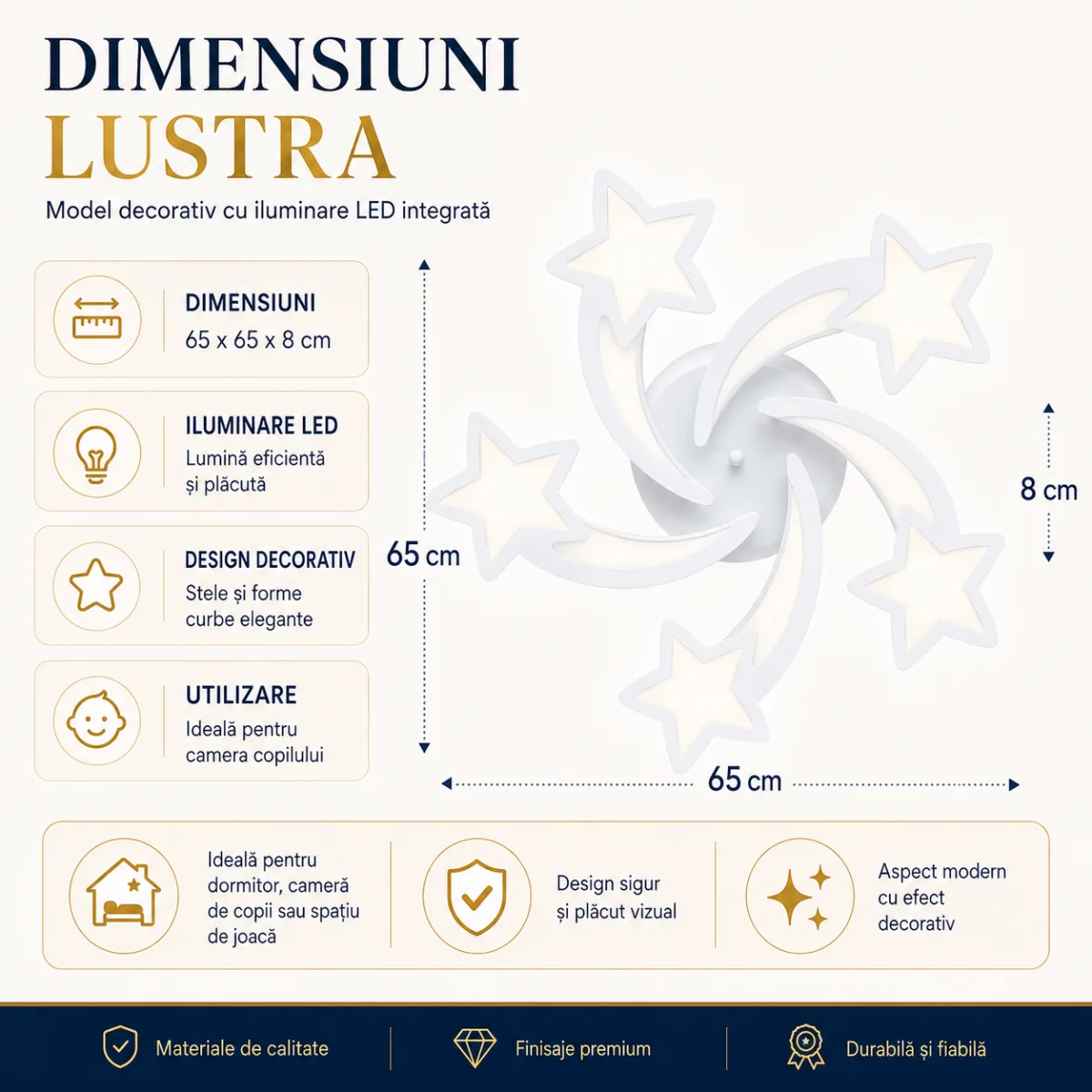 Lustră LED Modernă Cu Steluțe 65 cm – Metal și Acril Alb, 5 Surse LED Integrate, Design Decorativ pentru Camera Copiilor și Dormitor - imagine 6