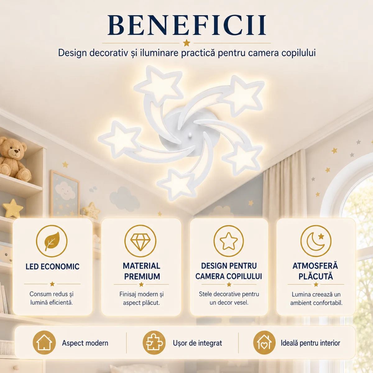 Lustră LED Modernă Cu Steluțe 65 cm – Metal și Acril Alb, 5 Surse LED Integrate, Design Decorativ pentru Camera Copiilor și Dormitor - imagine 5