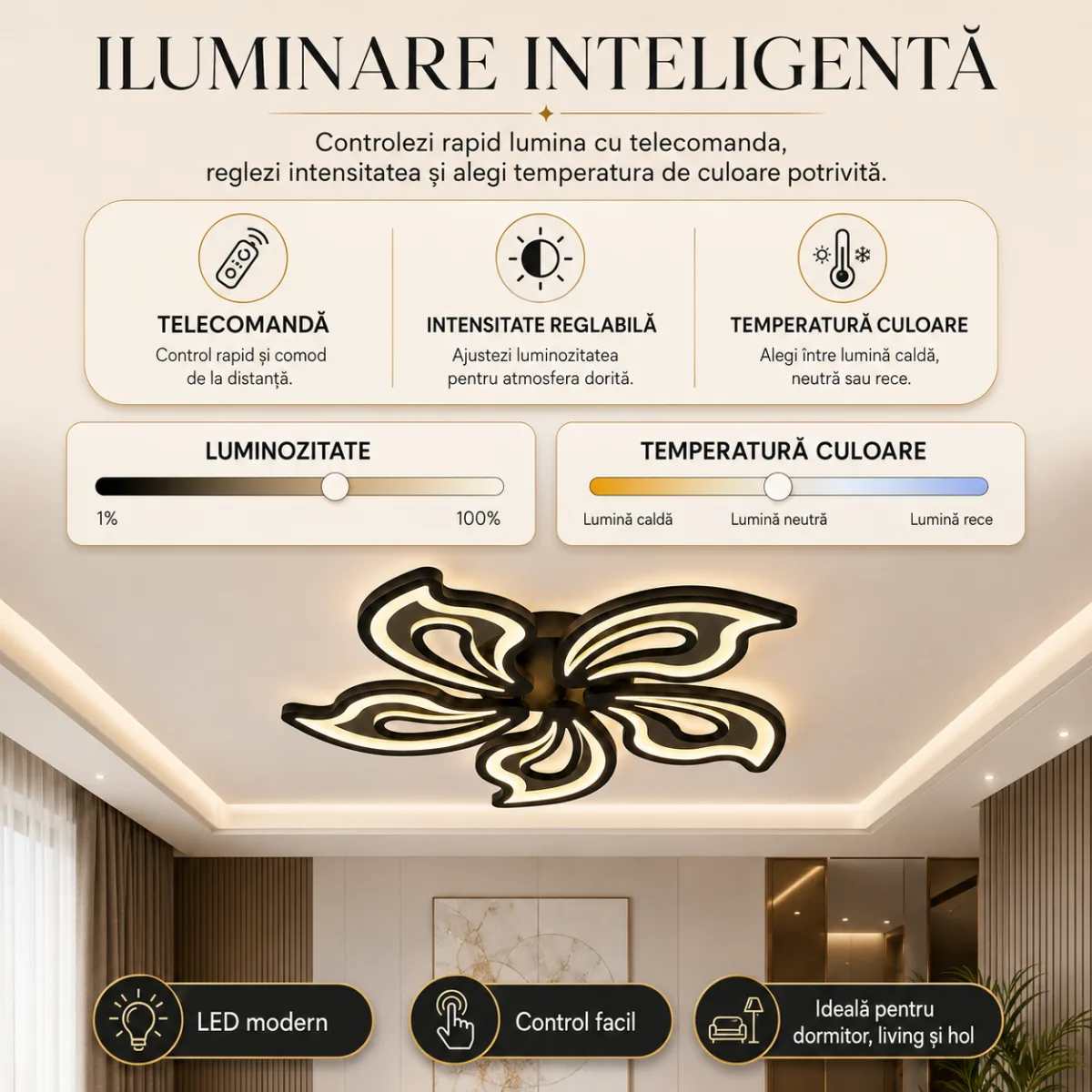 Lustră LED Modernă Fluture 69 cm – Metal și Acril Negru, 5 Surse LED Integrate, Design Elegant pentru Living, Dormitor și Camera Copiilor - imagine 7