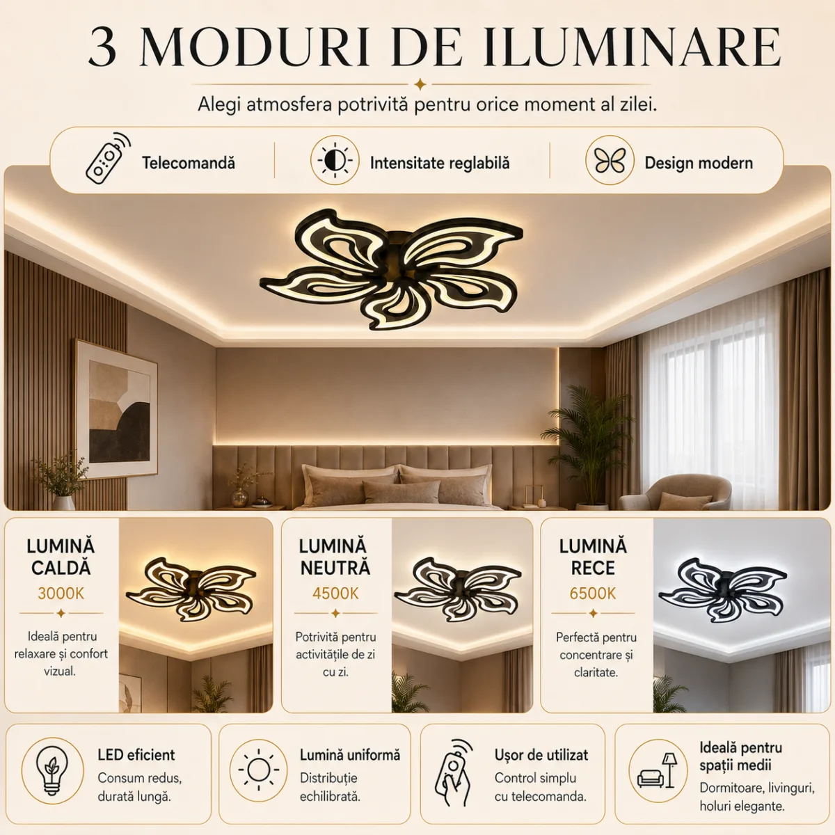 Lustră LED Modernă Fluture 69 cm – Metal și Acril Negru, 5 Surse LED Integrate, Design Elegant pentru Living, Dormitor și Camera Copiilor - imagine 3
