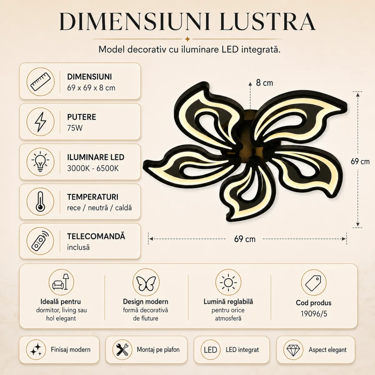 Lustră LED Modernă Fluture 69 cm – Metal și Acril Negru, 5 Surse LED Integrate, Design Elegant pentru Living, Dormitor și Camera Copiilor - imagine 6