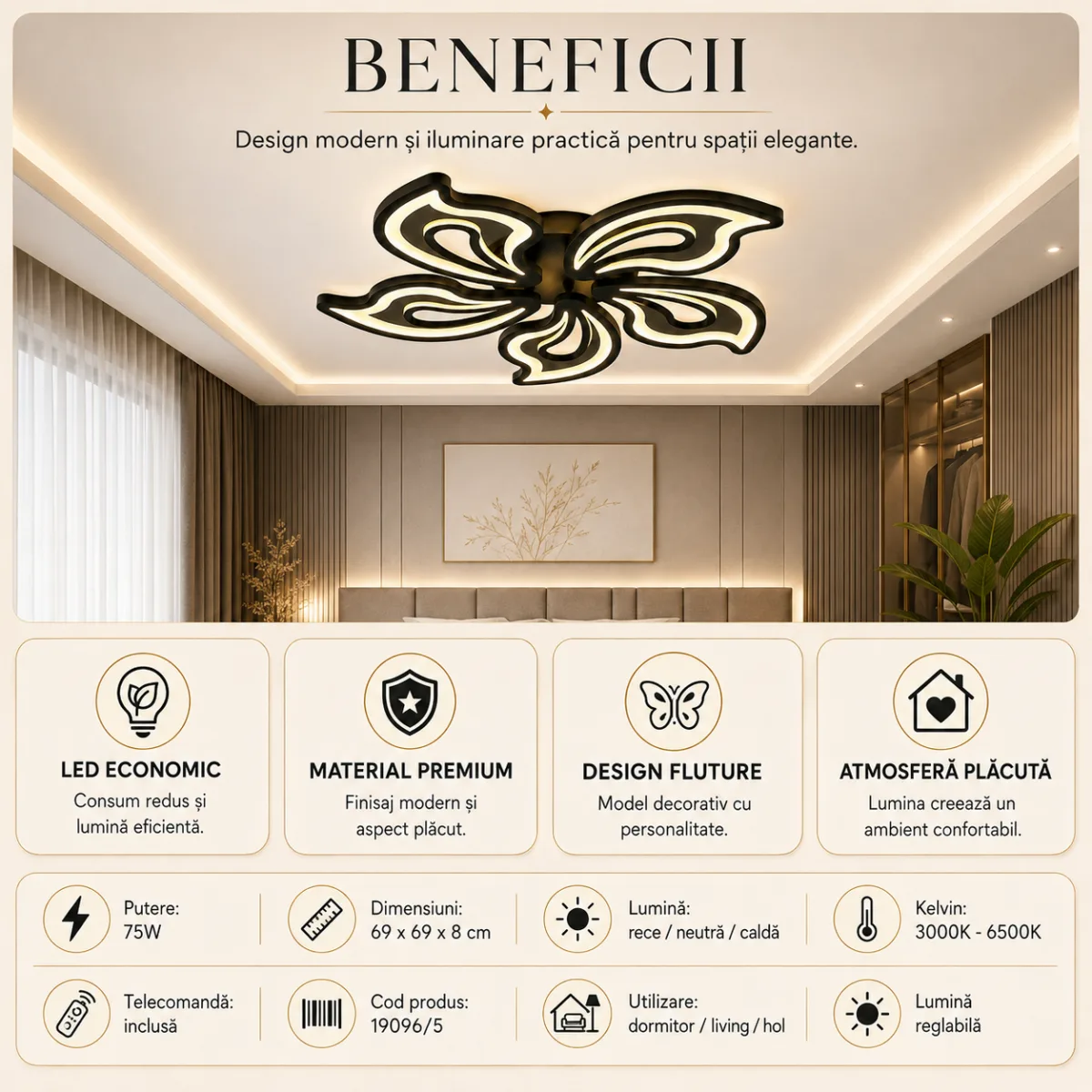 Lustră LED Modernă Fluture 69 cm – Metal și Acril Negru, 5 Surse LED Integrate, Design Elegant pentru Living, Dormitor și Camera Copiilor - imagine 4