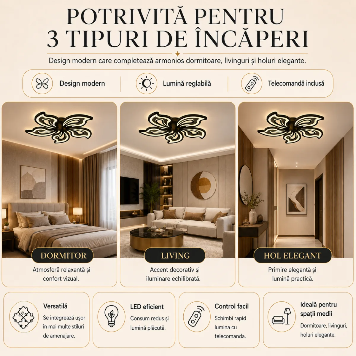 Lustră LED Modernă Fluture 69 cm – Metal și Acril Negru, 5 Surse LED Integrate, Design Elegant pentru Living, Dormitor și Camera Copiilor - imagine 5
