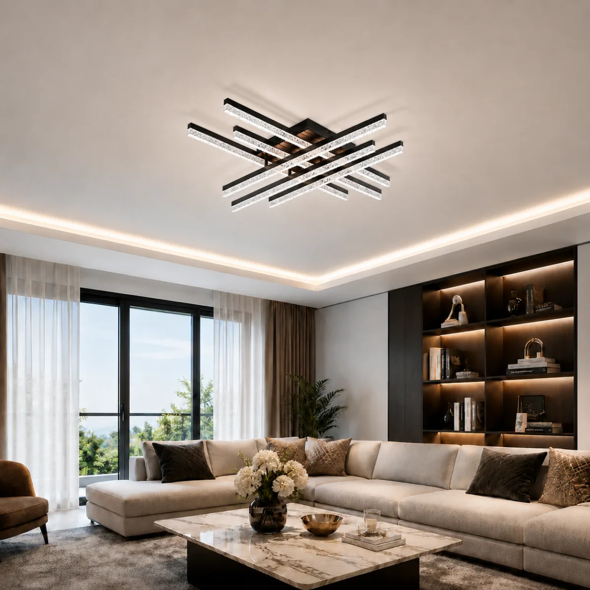 Lustră LED Modernă Cristal Line 72 cm – Metal Negru și Cristal Acrilic, 6 Surse LED Integrate, Design Premium pentru Living, Dining și Dormitor - imagine 2