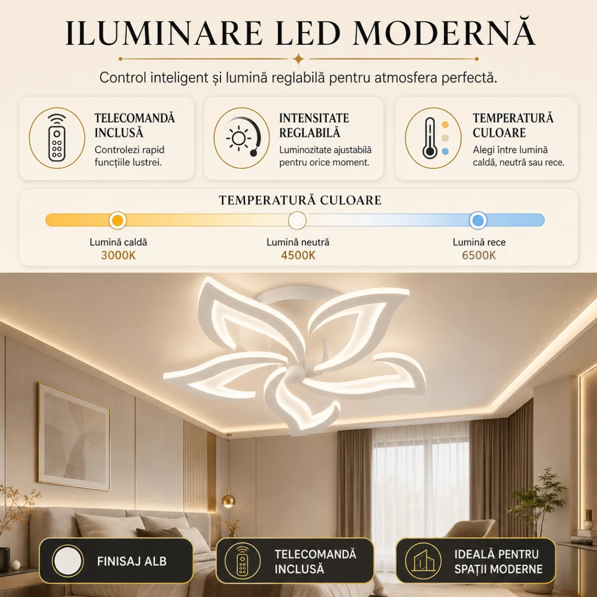 Lustră LED Modernă Floare 60,5 cm – Metal și Acril Alb, 5 Surse LED Integrate, Design Elegant pentru Living, Dormitor și Dining - imagine 6
