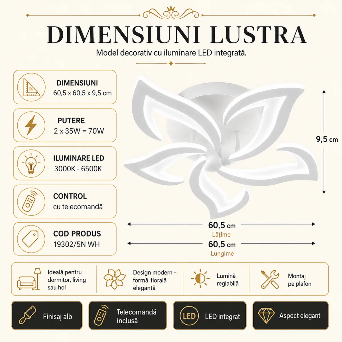 Lustră LED Modernă Floare 60,5 cm – Metal și Acril Alb, 5 Surse LED Integrate, Design Elegant pentru Living, Dormitor și Dining - imagine 4