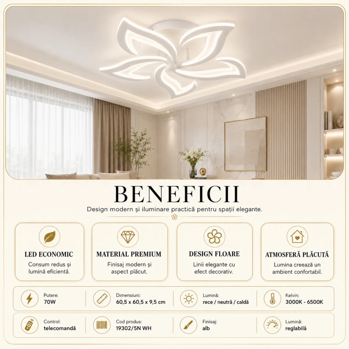 Lustră LED Modernă Floare 60,5 cm – Metal și Acril Alb, 5 Surse LED Integrate, Design Elegant pentru Living, Dormitor și Dining - imagine 3