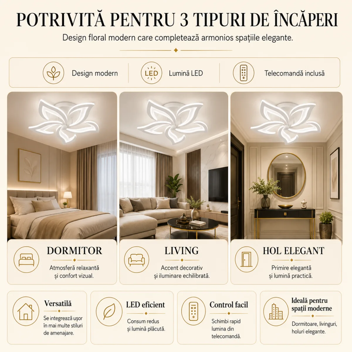 Lustră LED Modernă Floare 60,5 cm – Metal și Acril Alb, 5 Surse LED Integrate, Design Elegant pentru Living, Dormitor și Dining - imagine 7