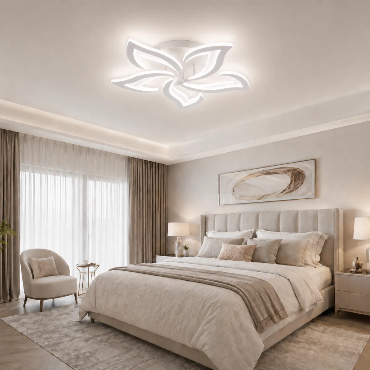 Lustră LED Modernă Floare 60,5 cm – Metal și Acril Alb, 5 Surse LED Integrate, Design Elegant pentru Living, Dormitor și Dining - imagine 2