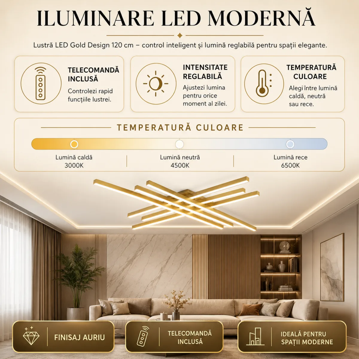 – Metal Auriu și Acril Alb, 8 Surse LED Integrate, Design Premium pentru Living Mare, Dining și Open Space - imagine 6