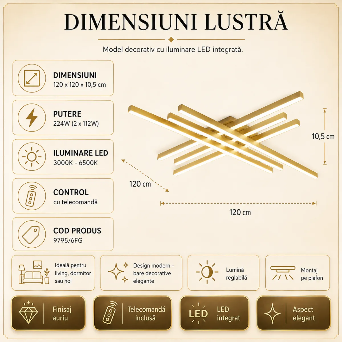 – Metal Auriu și Acril Alb, 8 Surse LED Integrate, Design Premium pentru Living Mare, Dining și Open Space - imagine 4