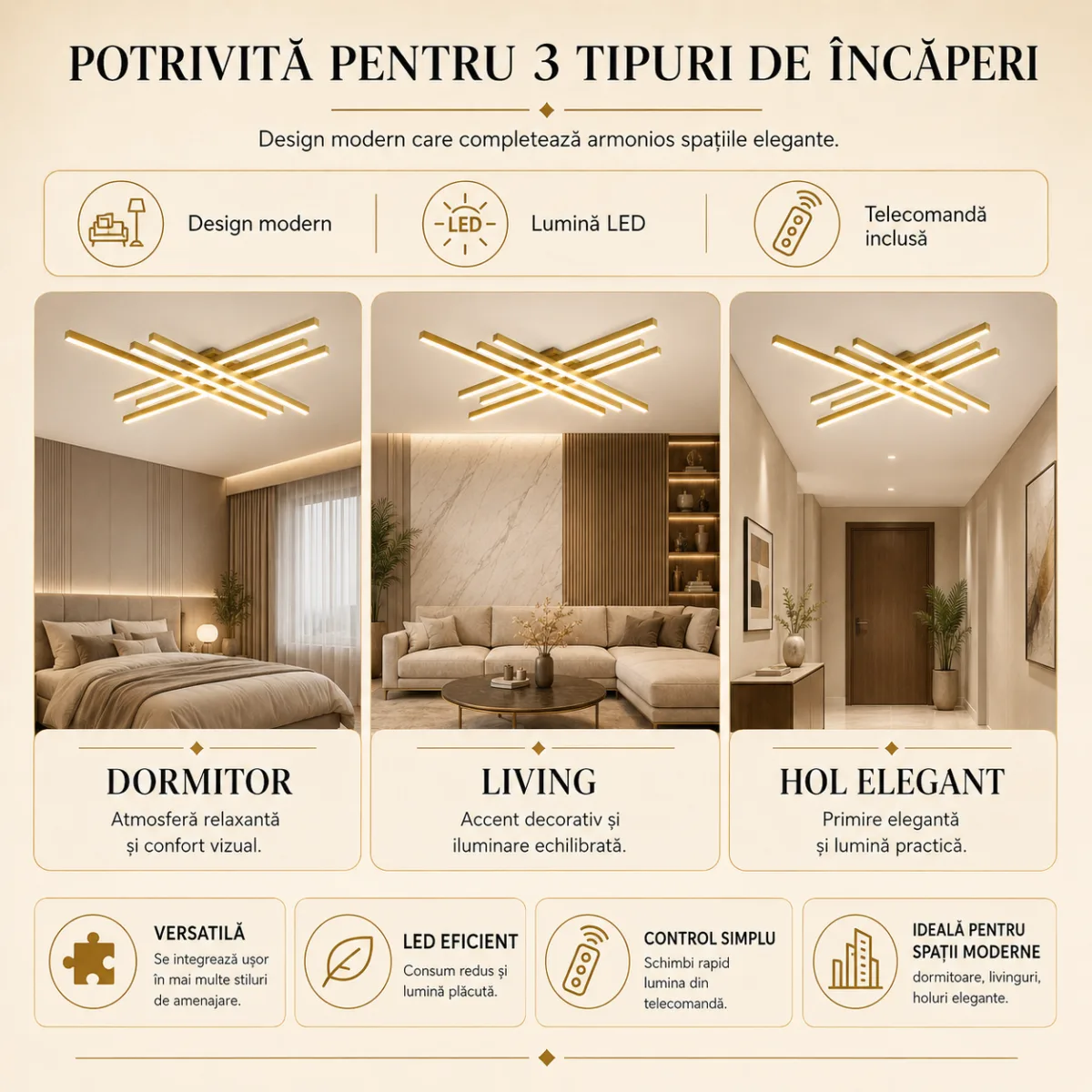 – Metal Auriu și Acril Alb, 8 Surse LED Integrate, Design Premium pentru Living Mare, Dining și Open Space - imagine 3