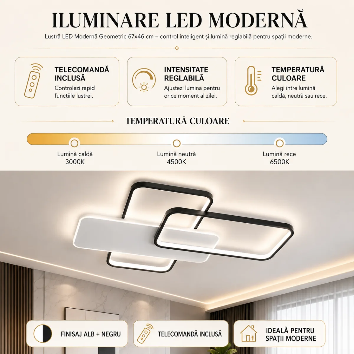 Lustră LED Modernă Geometric 67x46 cm – Metal Negru și Acril Alb, 3 Surse LED Integrate, Design Minimalist pentru Living, Dormitor și Hol - imagine 7