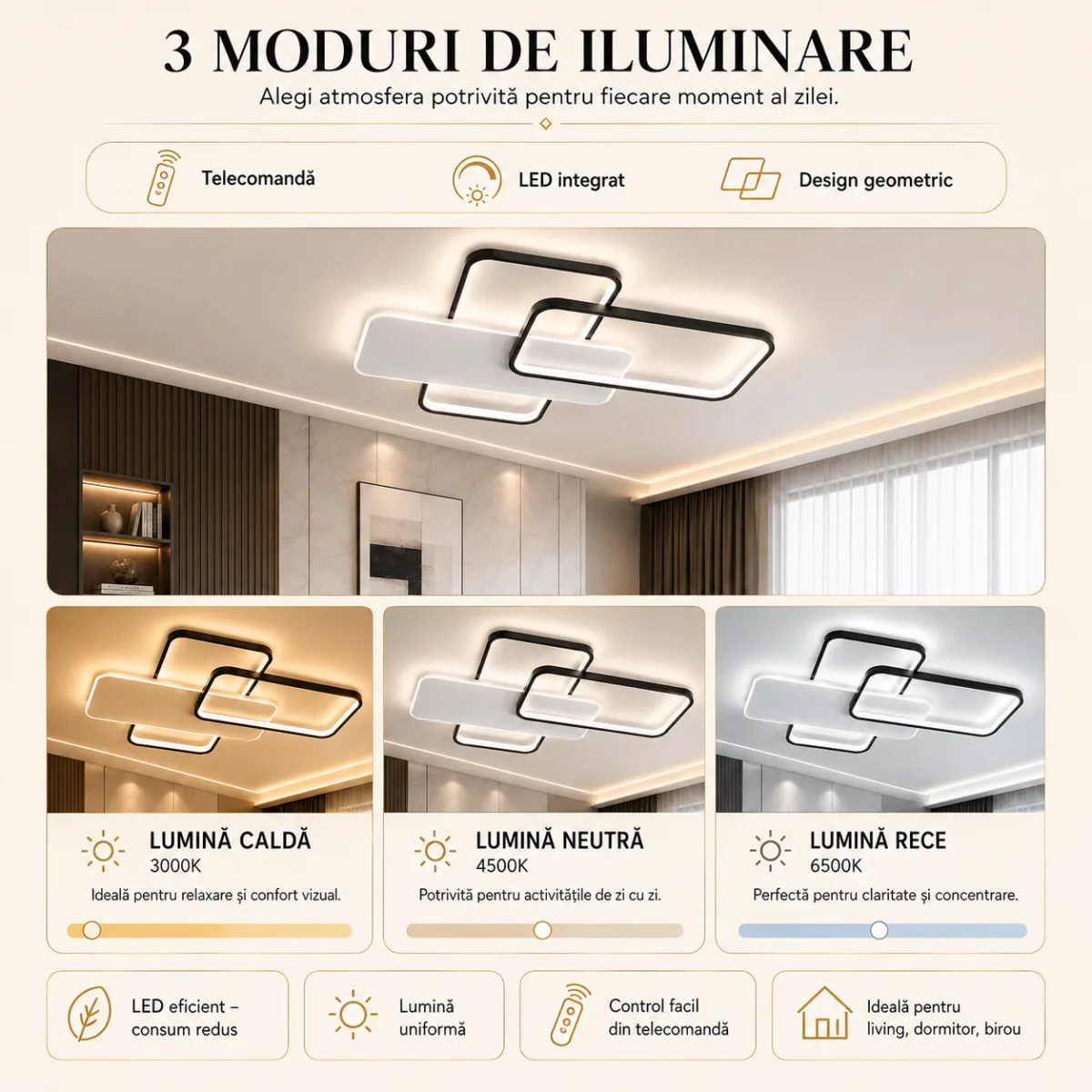 Lustră LED Modernă Geometric 67x46 cm – Metal Negru și Acril Alb, 3 Surse LED Integrate, Design Minimalist pentru Living, Dormitor și Hol - imagine 5