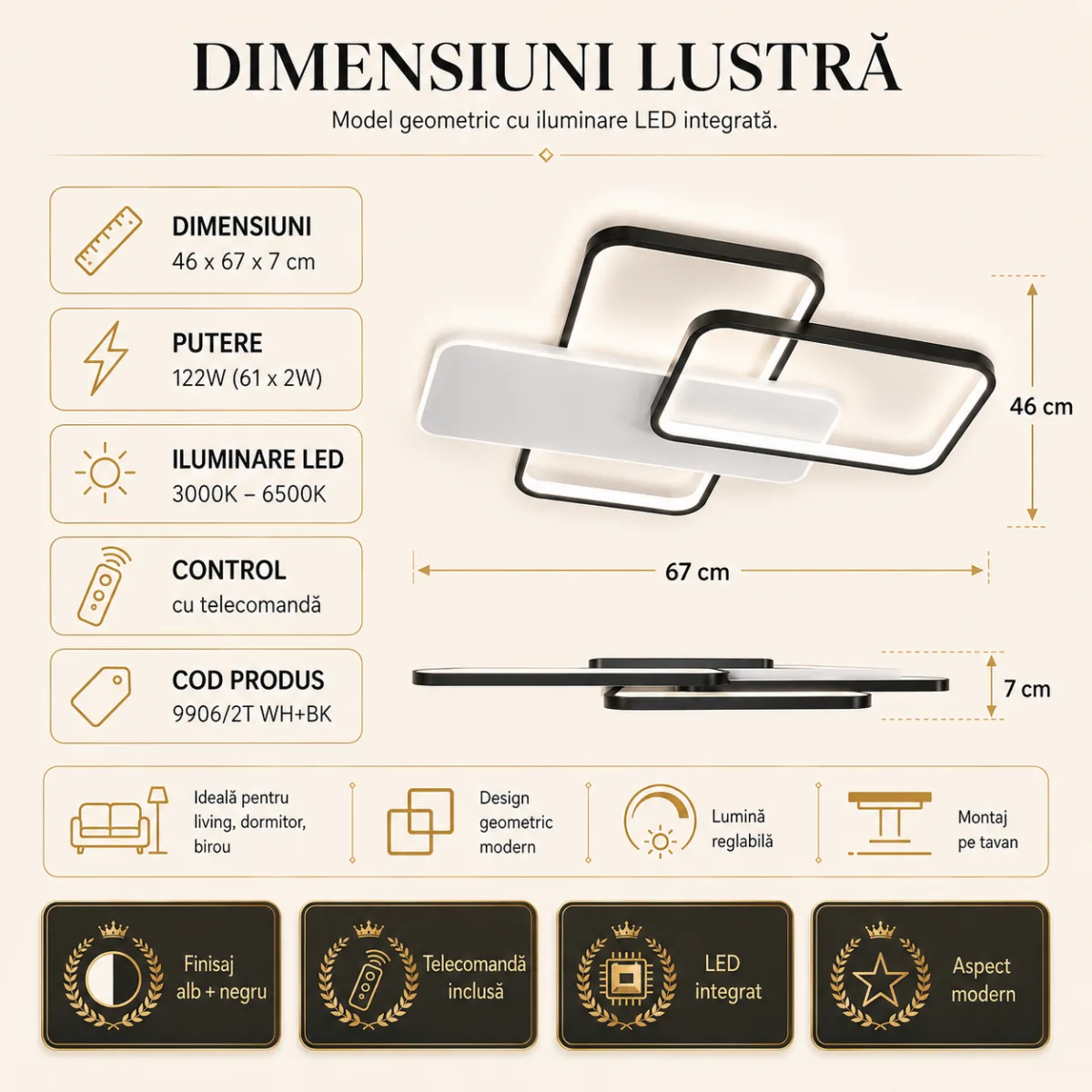 Lustră LED Modernă Geometric 67x46 cm – Metal Negru și Acril Alb, 3 Surse LED Integrate, Design Minimalist pentru Living, Dormitor și Hol - imagine 6