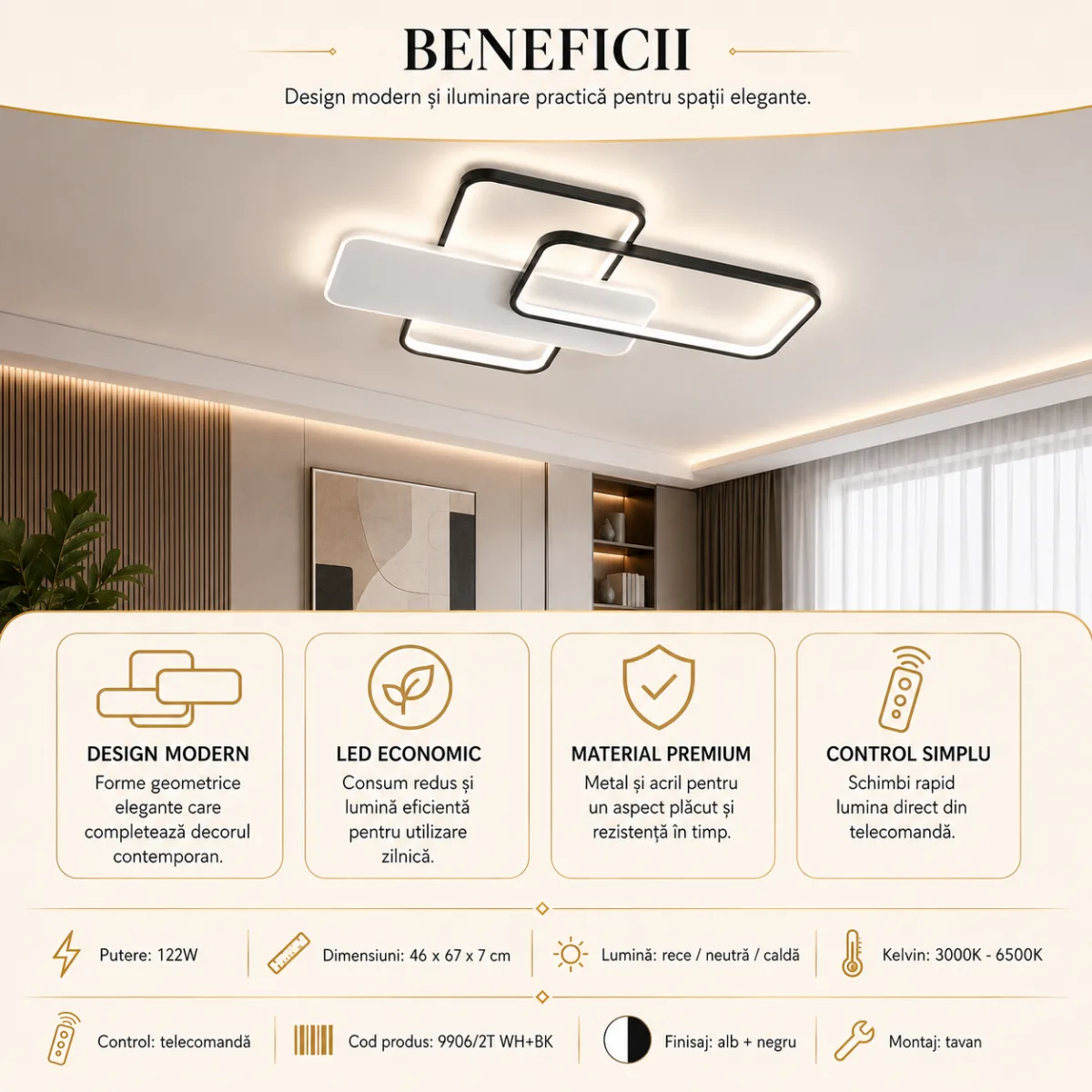 Lustră LED Modernă Geometric 67x46 cm – Metal Negru și Acril Alb, 3 Surse LED Integrate, Design Minimalist pentru Living, Dormitor și Hol - imagine 4