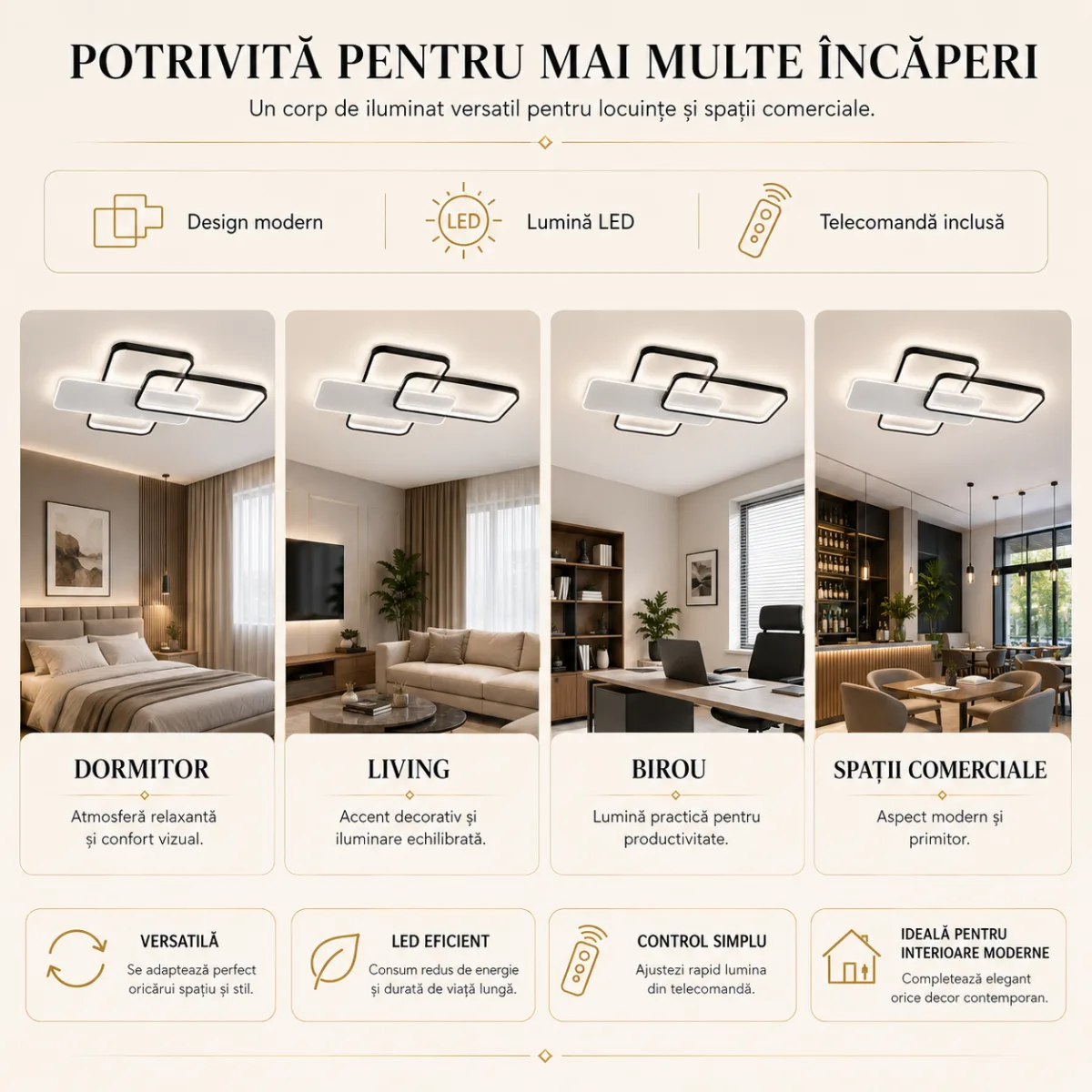 Lustră LED Modernă Geometric 67x46 cm – Metal Negru și Acril Alb, 3 Surse LED Integrate, Design Minimalist pentru Living, Dormitor și Hol - imagine 3