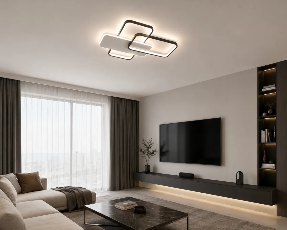 Lustră LED Modernă Geometric 67x46 cm – Metal Negru și Acril Alb, 3 Surse LED Integrate, Design Minimalist pentru Living, Dormitor și Hol - imagine 2