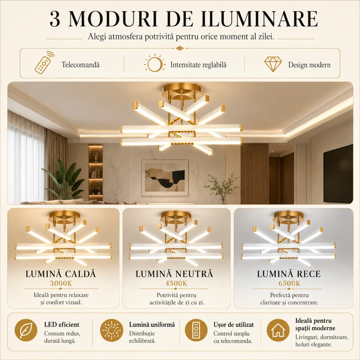 Lustră LED Modernă Luxuri Line 60 cm – Metal Auriu și Acril Alb, 6 Surse LED Integrate, Design Premium pentru Living, Dining și Dormitor - imagine 6