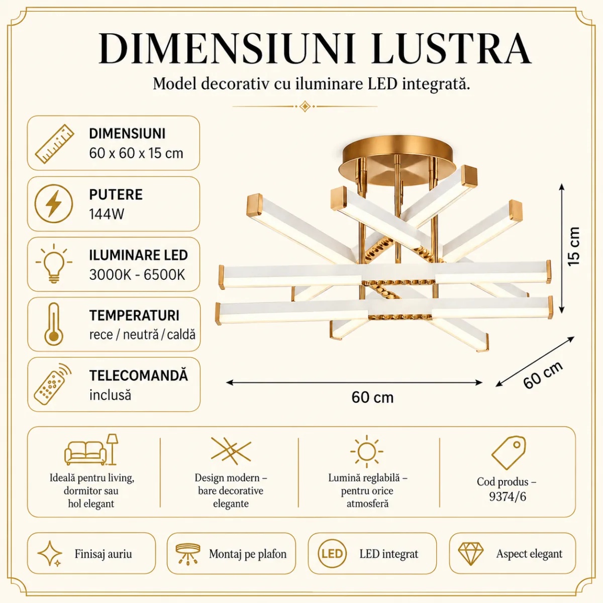 Lustră LED Modernă Luxuri Line 60 cm – Metal Auriu și Acril Alb, 6 Surse LED Integrate, Design Premium pentru Living, Dining și Dormitor - imagine 5