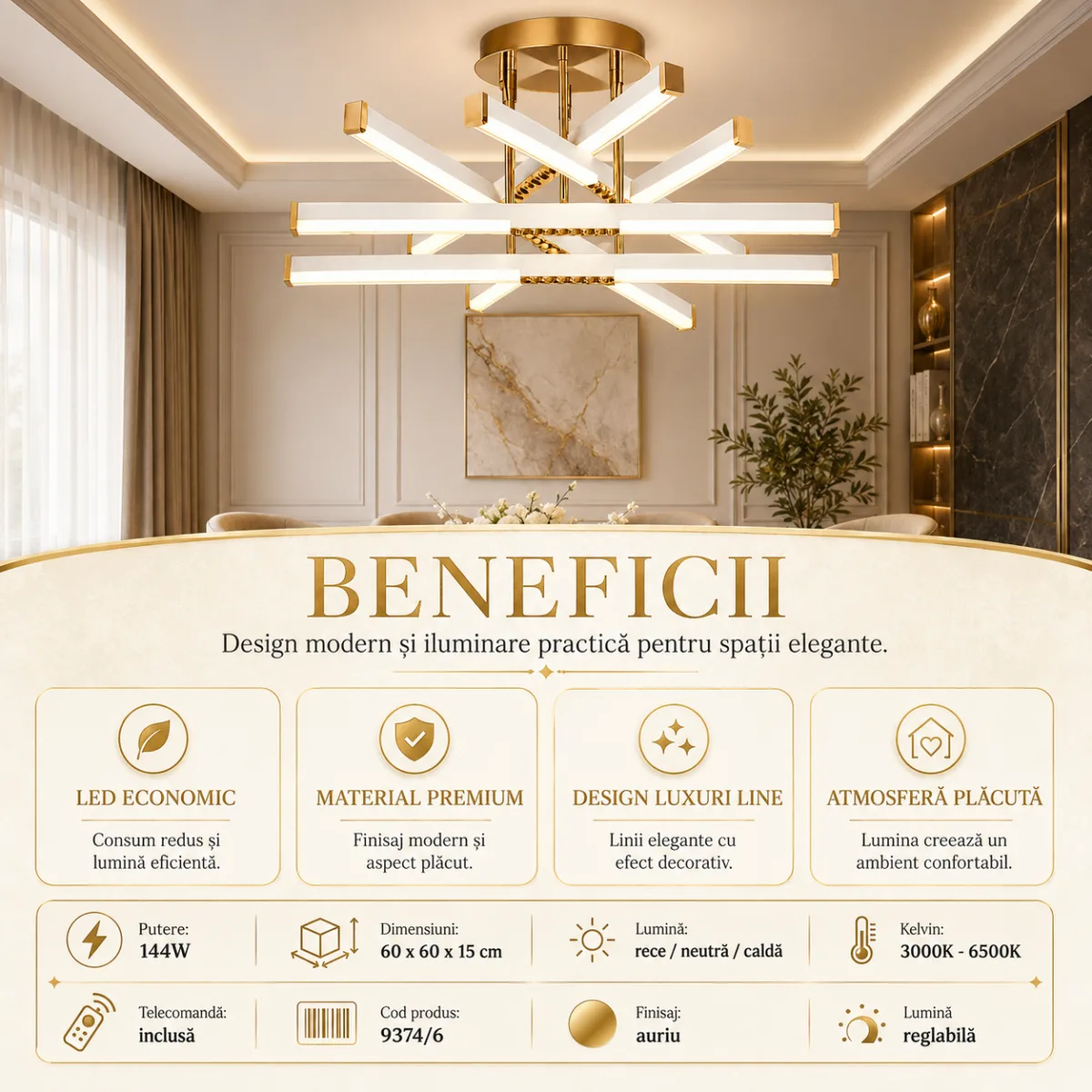 Lustră LED Modernă Luxuri Line 60 cm – Metal Auriu și Acril Alb, 6 Surse LED Integrate, Design Premium pentru Living, Dining și Dormitor - imagine 3