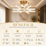 Lustră LED Modernă Luxuri Line 60 cm – Metal Auriu și Acril Alb, 6 Surse LED Integrate, Design Premium pentru Living, Dining și Dormitor - imagine 3