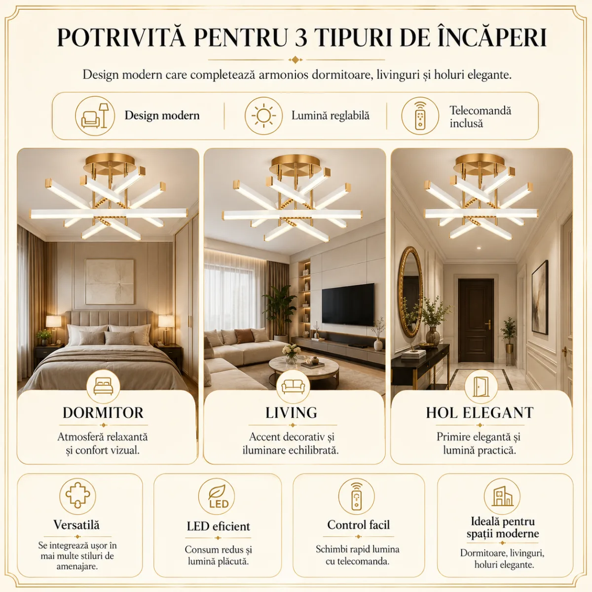Lustră LED Modernă Luxuri Line 60 cm – Metal Auriu și Acril Alb, 6 Surse LED Integrate, Design Premium pentru Living, Dining și Dormitor - imagine 4