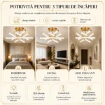 Lustră LED Modernă Luxuri Line 60 cm – Metal Auriu și Acril Alb, 6 Surse LED Integrate, Design Premium pentru Living, Dining și Dormitor - imagine 4