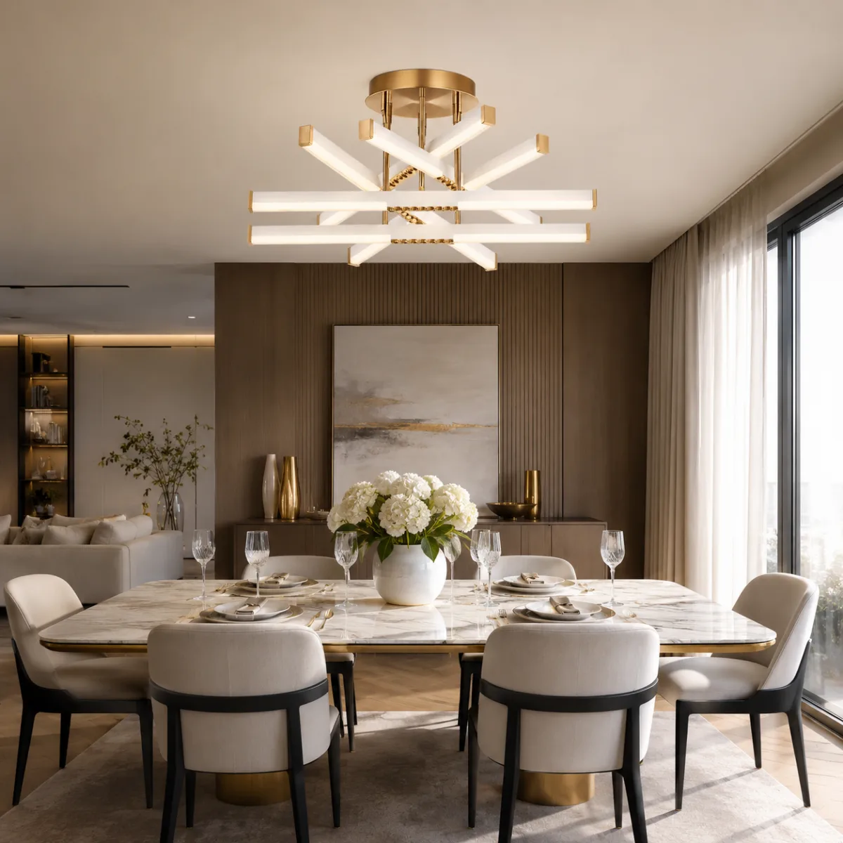 Lustră LED Modernă Luxuri Line 60 cm – Metal Auriu și Acril Alb, 6 Surse LED Integrate, Design Premium pentru Living, Dining și Dormitor - imagine 2
