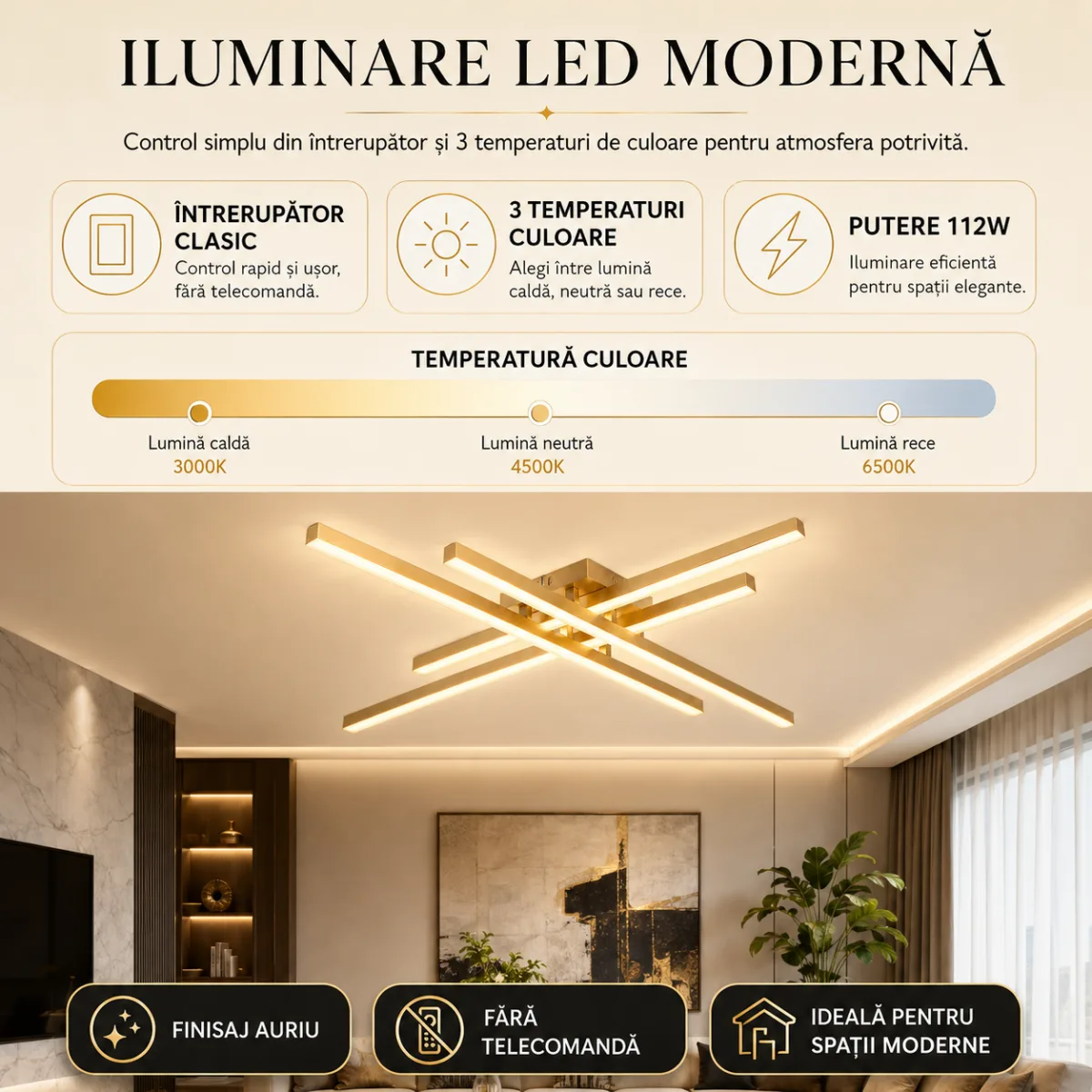 Lustră LED Modernă Gold Design 85 cm – Metal Auriu și Acril Alb, 4 Surse LED Integrate, Design Premium pentru Living, Dining și Dormitor - imagine 3