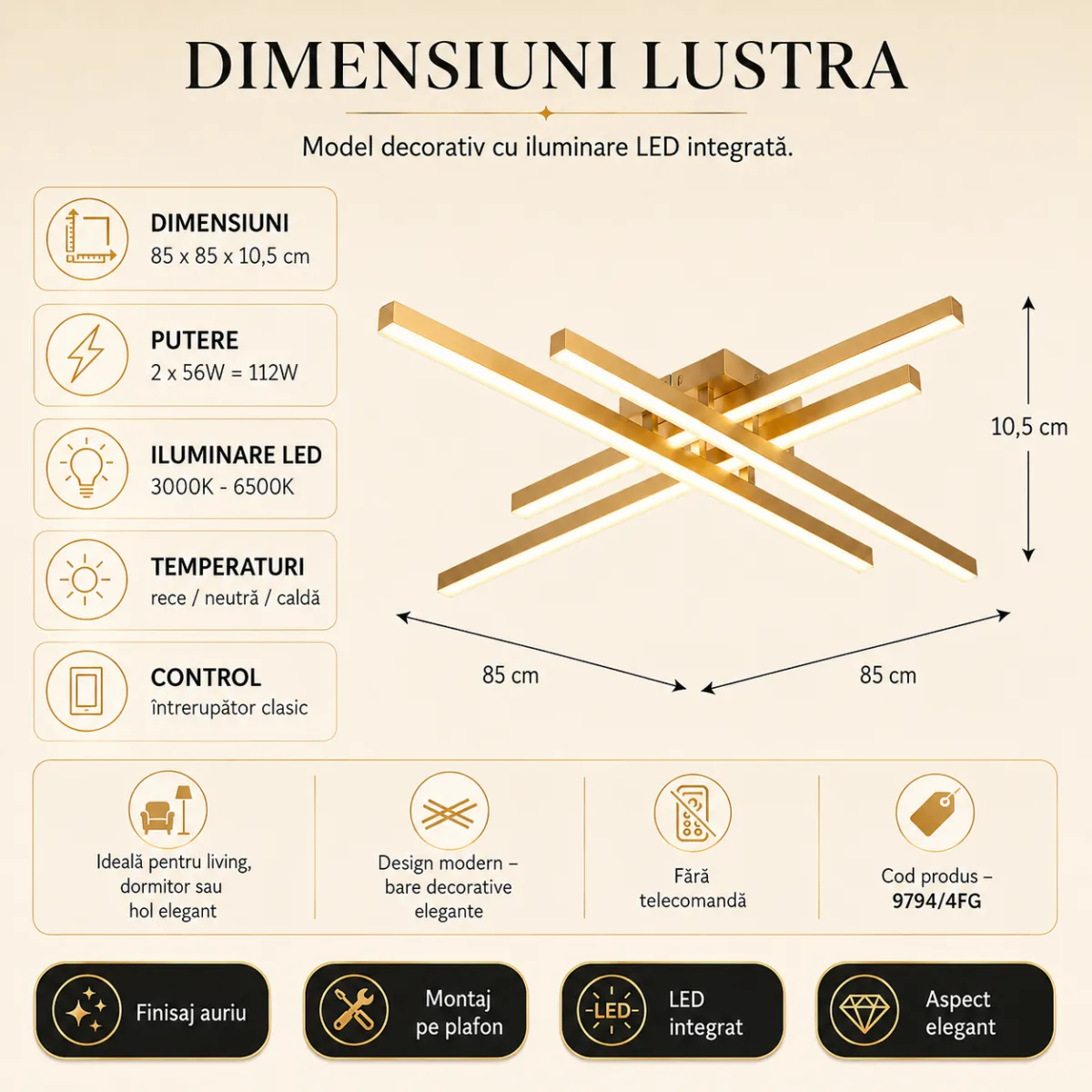 Lustră LED Modernă Gold Design 85 cm – Metal Auriu și Acril Alb, 4 Surse LED Integrate, Design Premium pentru Living, Dining și Dormitor - imagine 5