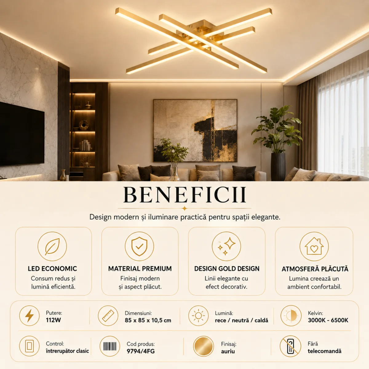 Lustră LED Modernă Gold Design 85 cm – Metal Auriu și Acril Alb, 4 Surse LED Integrate, Design Premium pentru Living, Dining și Dormitor - imagine 6