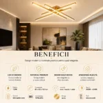 Lustră LED Modernă Gold Design 85 cm – Metal Auriu și Acril Alb, 4 Surse LED Integrate, Design Premium pentru Living, Dining și Dormitor - imagine 6