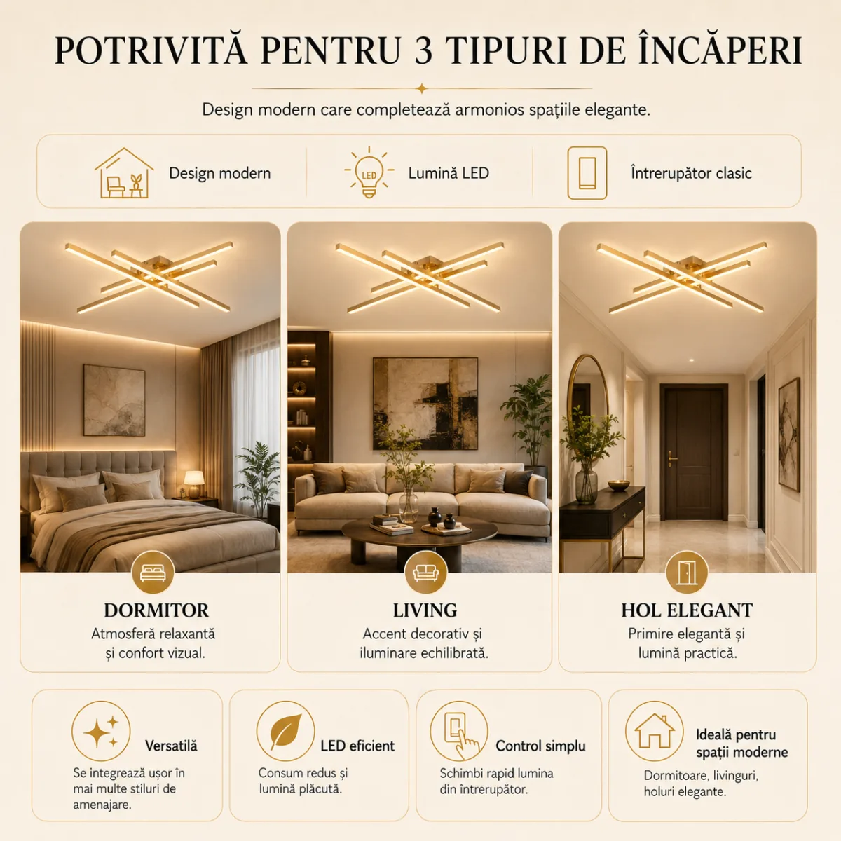 Lustră LED Modernă Gold Design 85 cm – Metal Auriu și Acril Alb, 4 Surse LED Integrate, Design Premium pentru Living, Dining și Dormitor - imagine 7