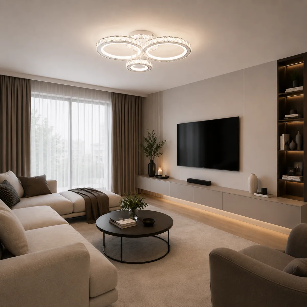 Lustră LED Modernă Cristal Rings 54,5 cm – Metal Cromat și Cristal Acrilic, 3 Surse LED Integrate, Design Elegant pentru Living, Dormitor și Dining - imagine 2
