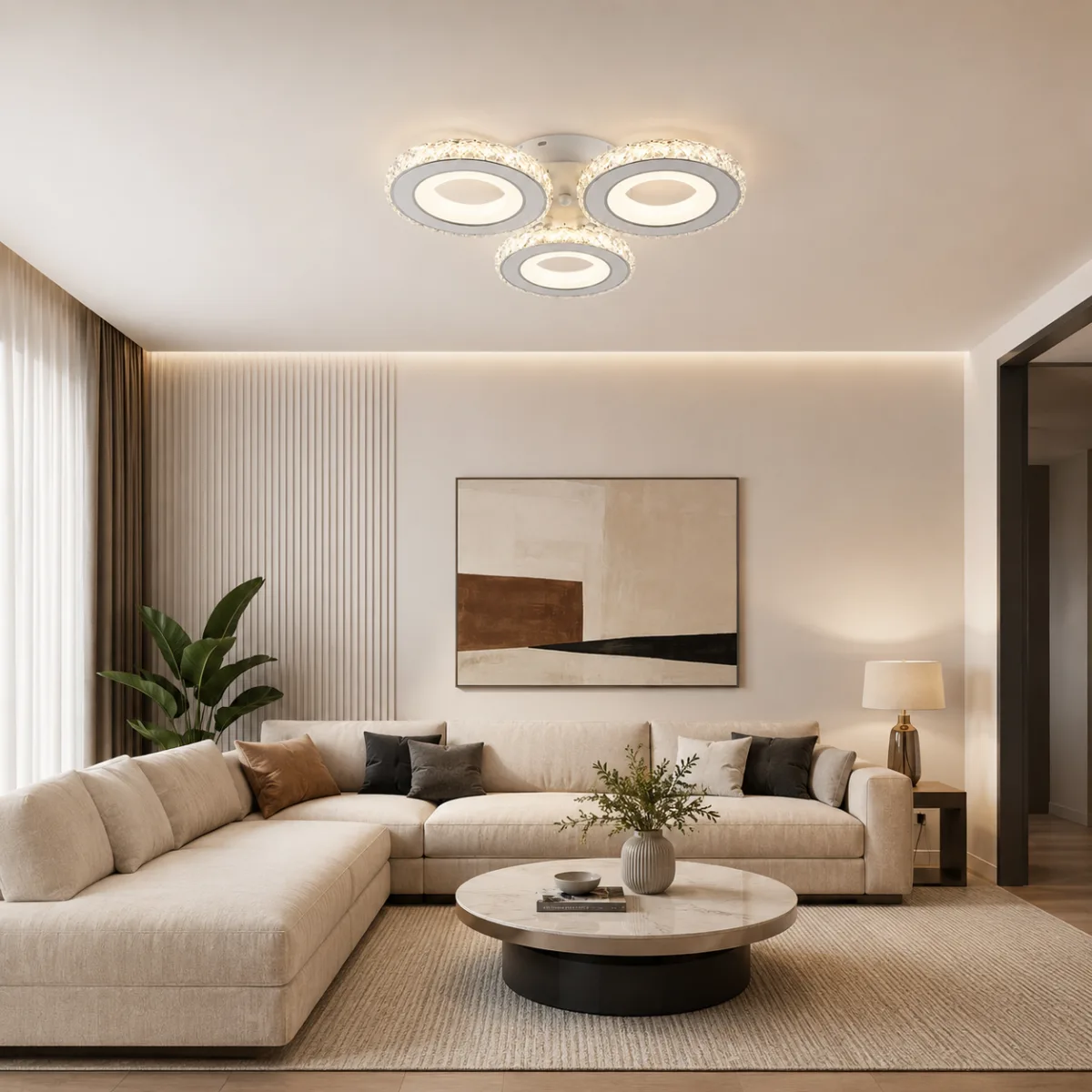 Lustră LED Modernă Cercuri Cristal 43 cm – Metal Cromat și Cristal Acrilic, 3 Surse LED Integrate, Design Elegant pentru Dormitor, Hol și Living - imagine 2
