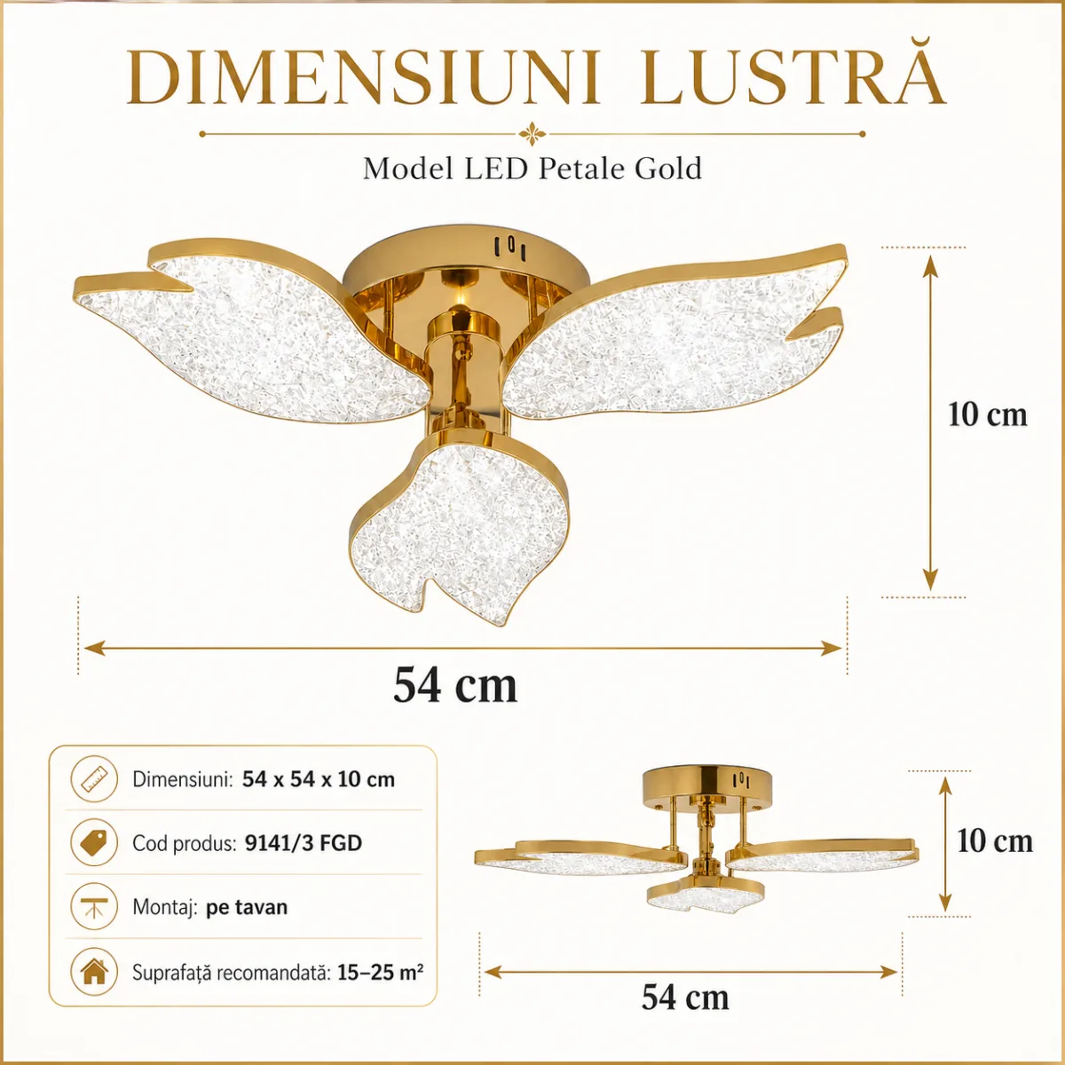 Lustră LED Modernă Petale Gold 54 cm – Metal Auriu și Acril Cristal, 3 Surse LED Integrate, Design Elegant pentru Living și Dormitor - imagine 7