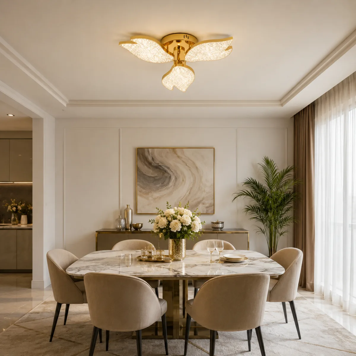 Lustră LED Modernă Petale Gold 54 cm – Metal Auriu și Acril Cristal, 3 Surse LED Integrate, Design Elegant pentru Living și Dormitor - imagine 3