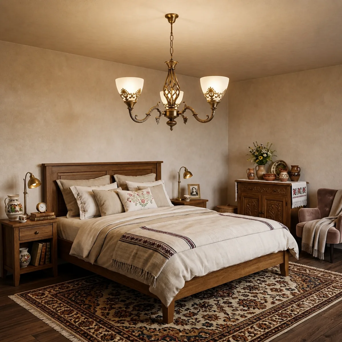 Candelabru Clasic Vintage Bronze – Lustră cu 3 Surse de Lumină, Abajururi din Sticlă Mată și Detalii Filigran, Ideală pentru Hol, Bucătărie sau Dormitor - imagine 3