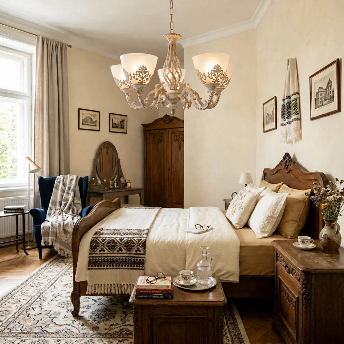 Candelabru Vintage Alb-Antichizat cu 5 Surse de Lumină, Abajururi din Sticlă Mată și Detalii Filigran, Ideal pentru Living sau Dormitor - imagine 3