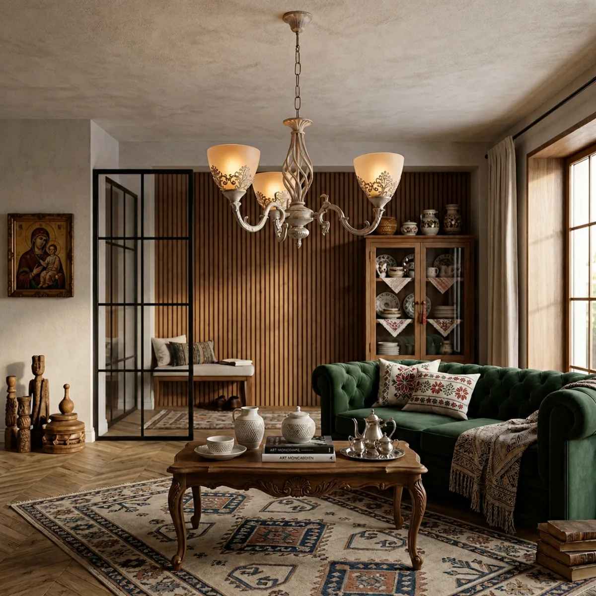 Candelabru Vintage Alb-Antichizat cu 3 Surse de Lumină, Abajururi din Sticlă Mată și Detalii Filigran Ideal pentru Living, Dining sau Dormitoar - imagine 4